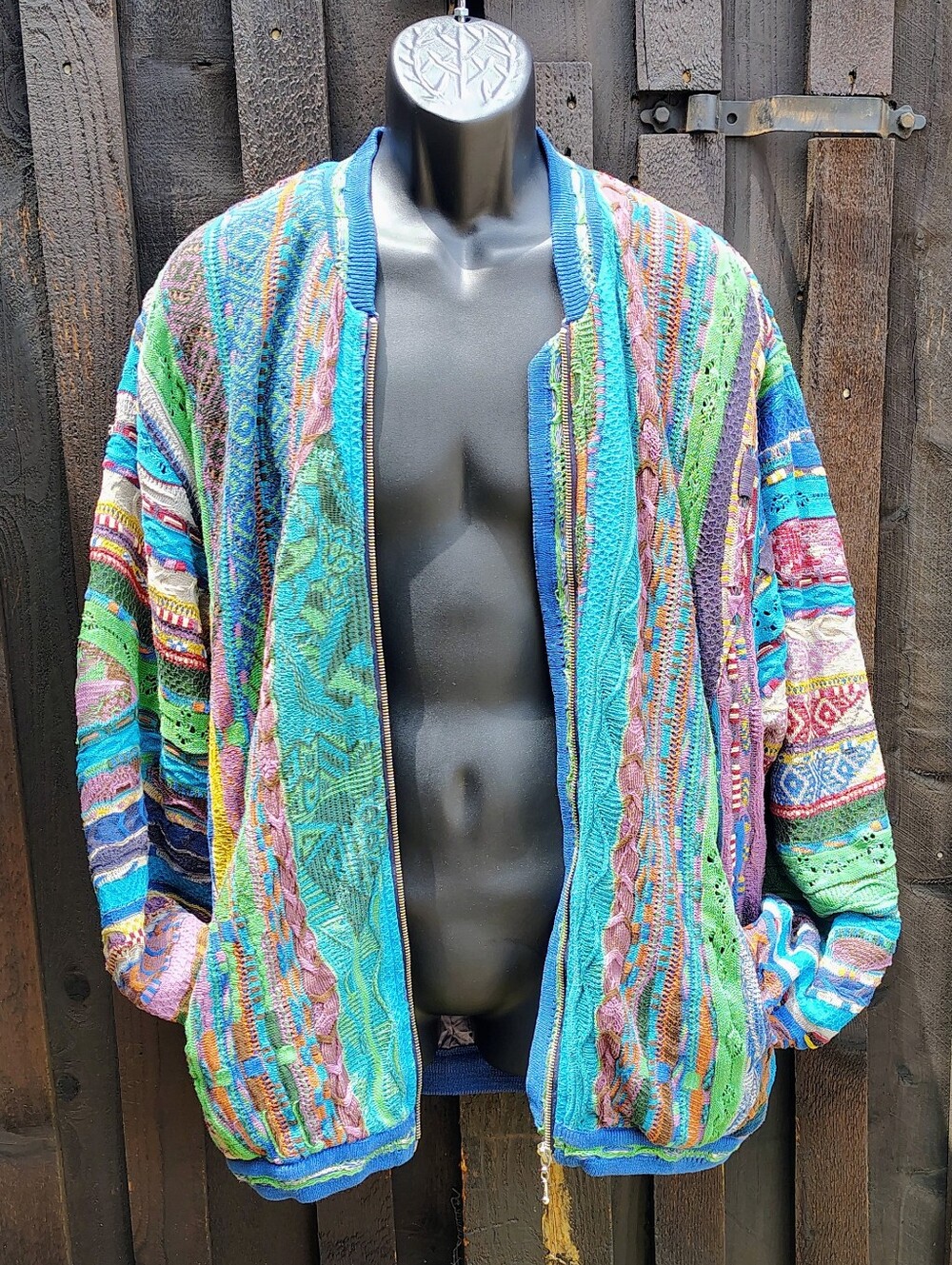 Men's COOGI Multicolor Patterned Knit Jacket - Vibrant Blue & Green